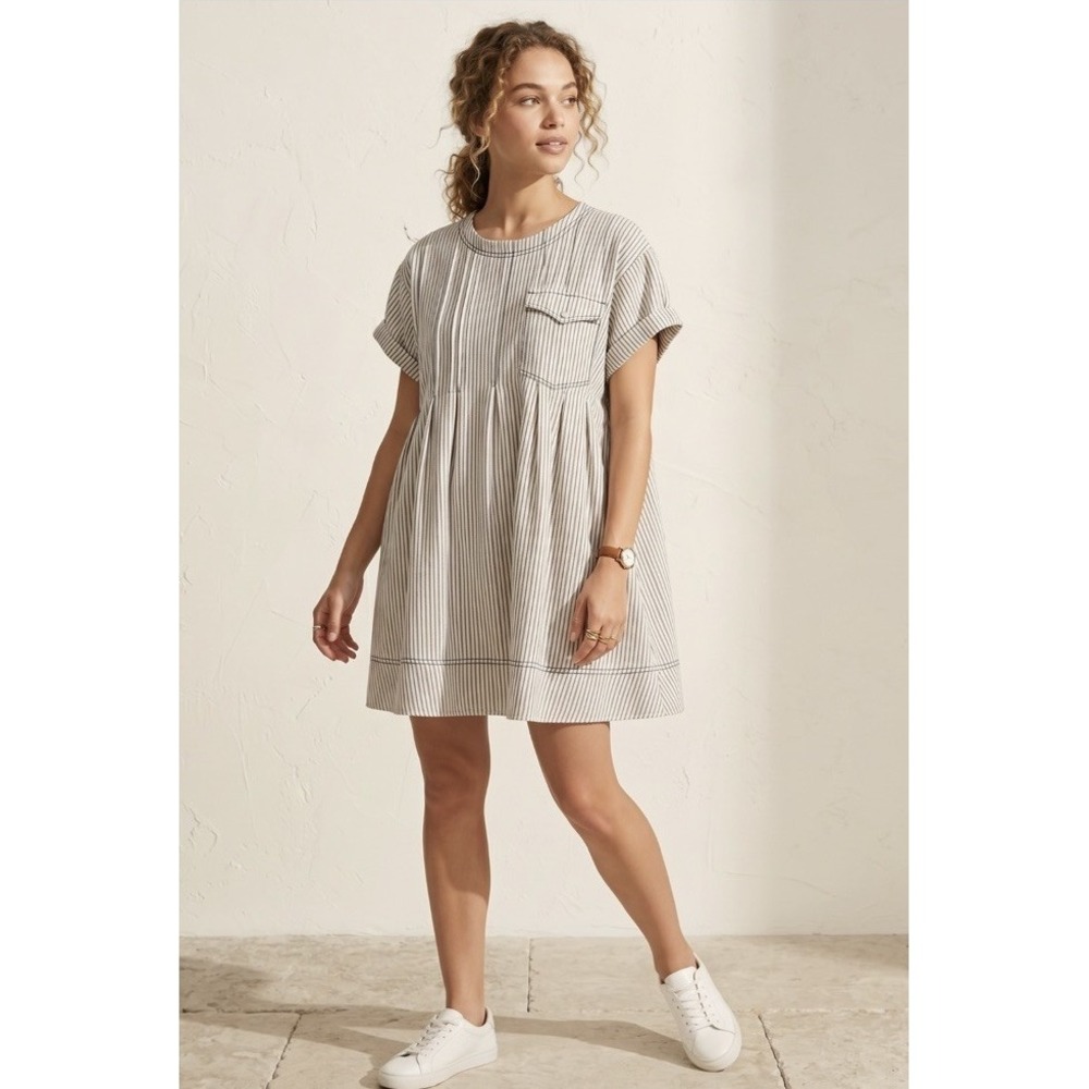 Pilcro Anthropologie Striped Mini Swing Dress Small Blue White Pintuck Western